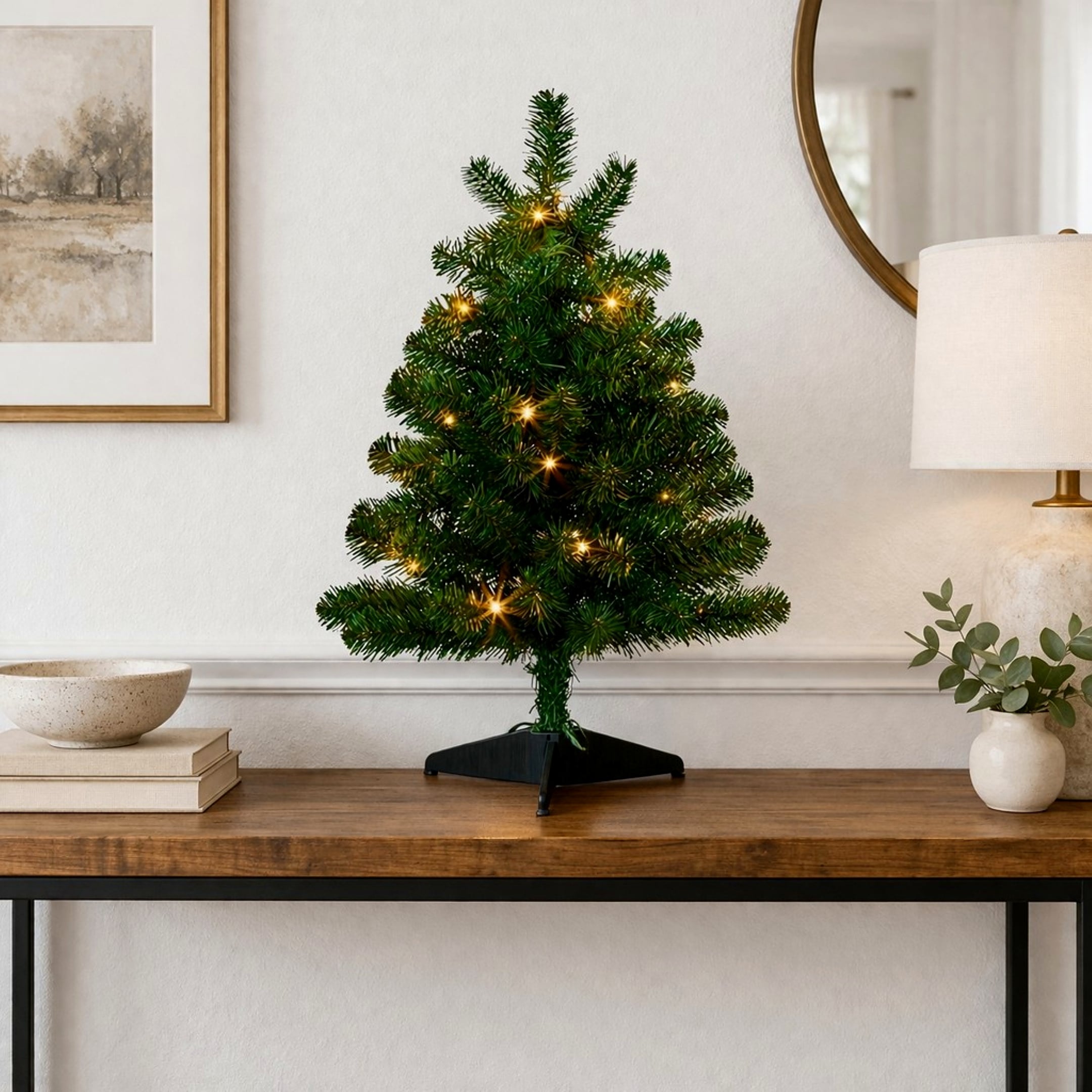 Christabelle 61cm 2ft Highland Pine Christmas Tree Pre Lit Warm White LED Timer Tabletop Artificial Indoor Xmas Decor