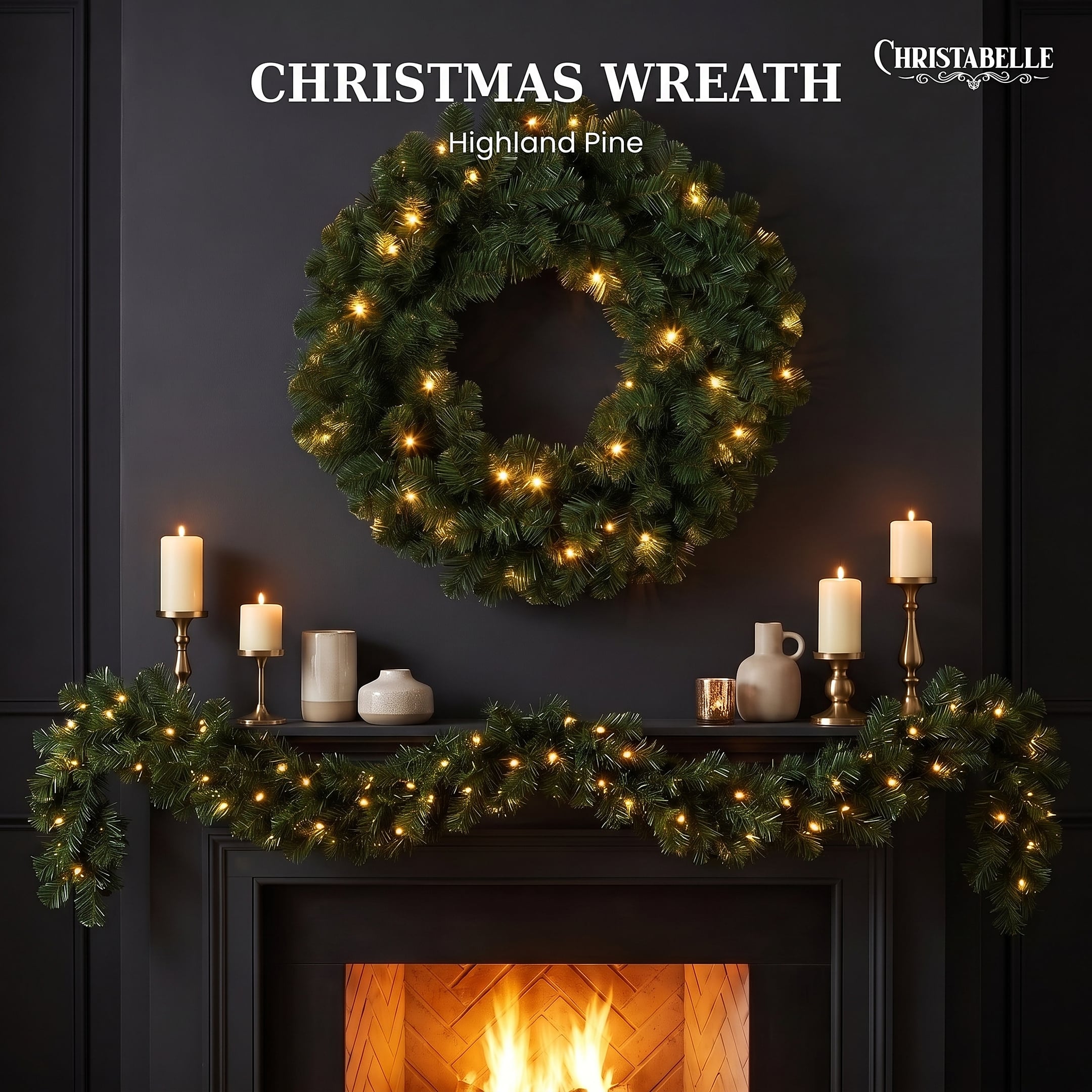 Christabelle 61cm Highland Pine Christmas Wreath Pre Lit Warm White LED Battery Operated Timer Hanging Wall Display Home