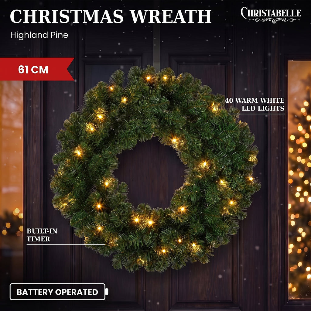 Christabelle 61cm Highland Pine Christmas Wreath Pre Lit Warm White LED Battery Operated Timer Hanging Wall Display Home