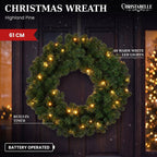 Christabelle 61cm Highland Pine Christmas Wreath Pre Lit Warm White LED Battery Operated Timer Hanging Wall Display Home