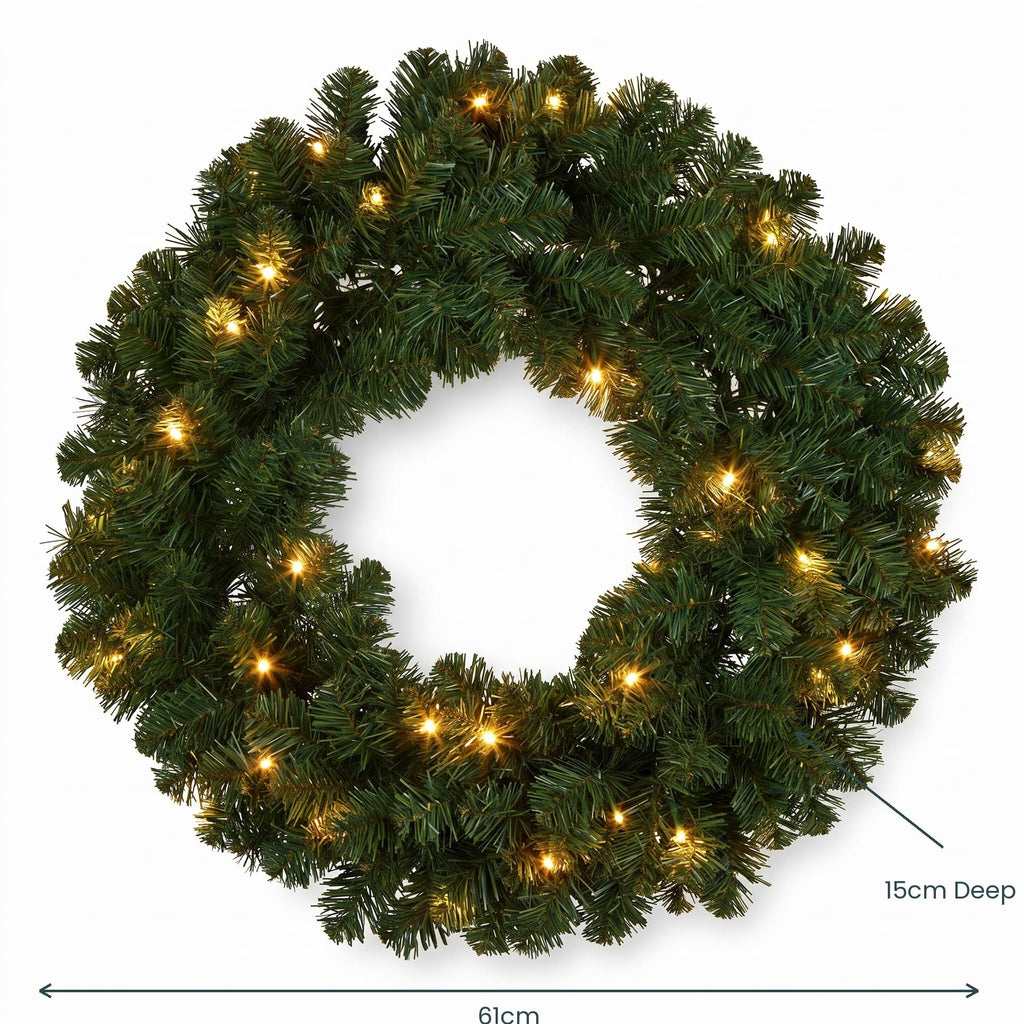 Christabelle 61cm Highland Pine Christmas Wreath Pre Lit Warm White LED Battery Operated Timer Hanging Wall Display Home