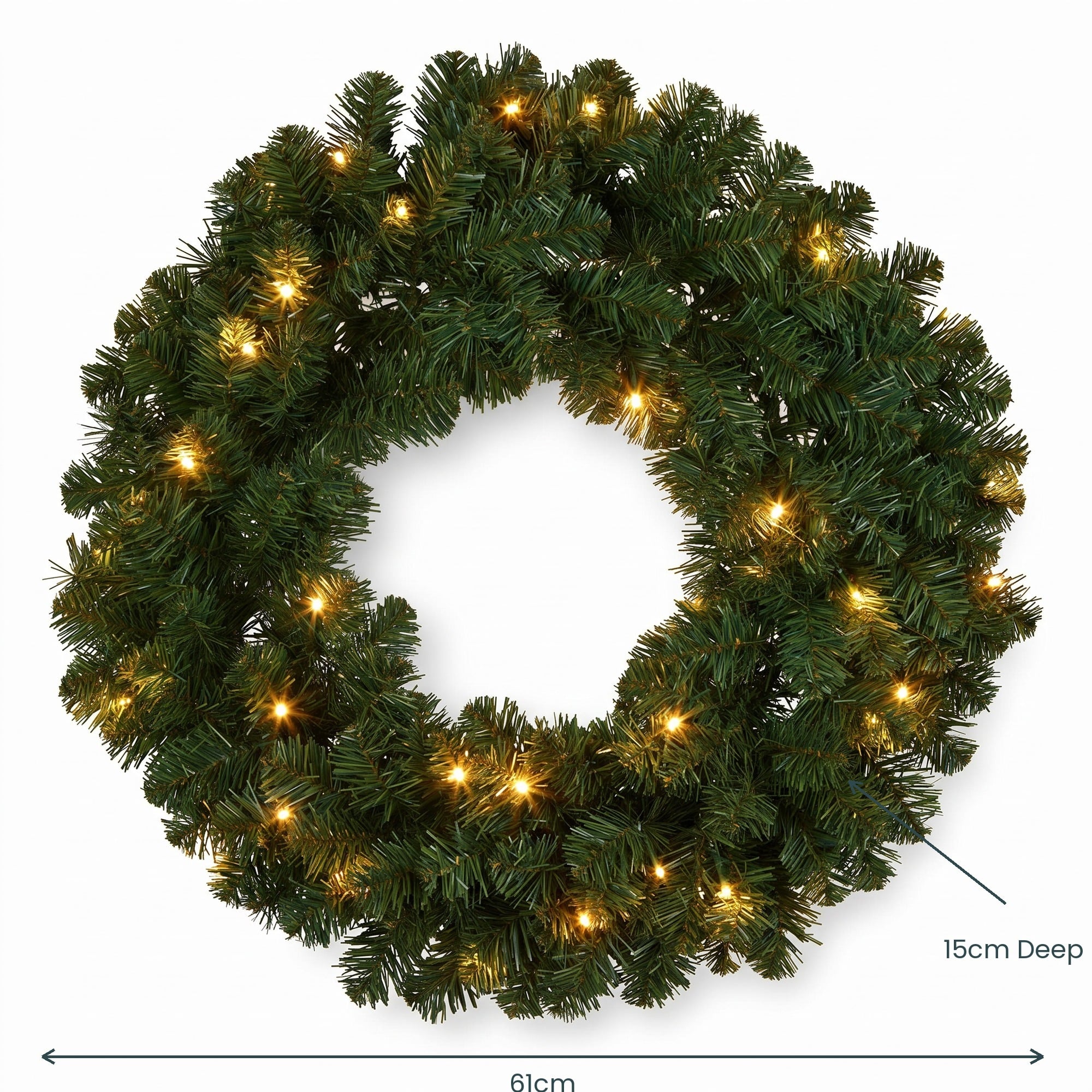 Christabelle 61cm Highland Pine Christmas Wreath Pre Lit Warm White LED Battery Operated Timer Hanging Wall Display Home