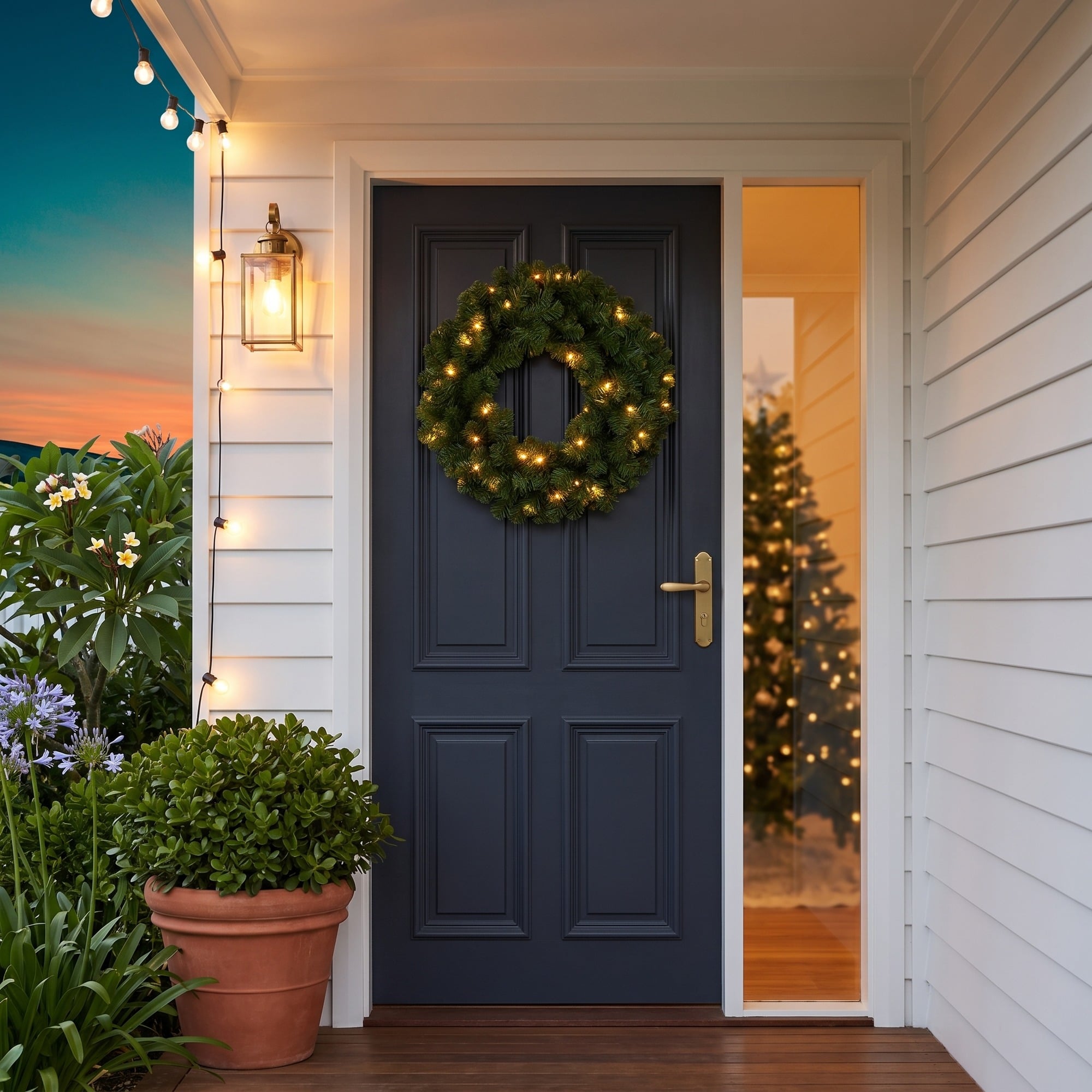 Christabelle 61cm Highland Pine Christmas Wreath Pre Lit Warm White LED Battery Operated Timer Hanging Wall Display Home
