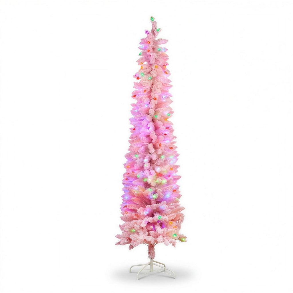 Christabelle 1.8m 6ft Pink Fairy Floss Christmas Tree Pre Lit RGB LED Flocked Slim Artificial Indoor Xmas Decor Home