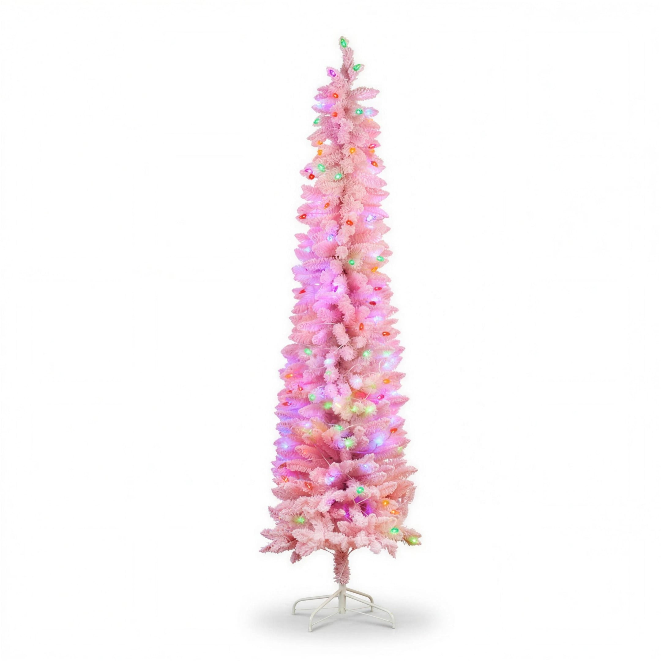 Christabelle 1.8m 6ft Pink Fairy Floss Christmas Tree Pre Lit RGB LED Flocked Slim Artificial Indoor Xmas Decor Home