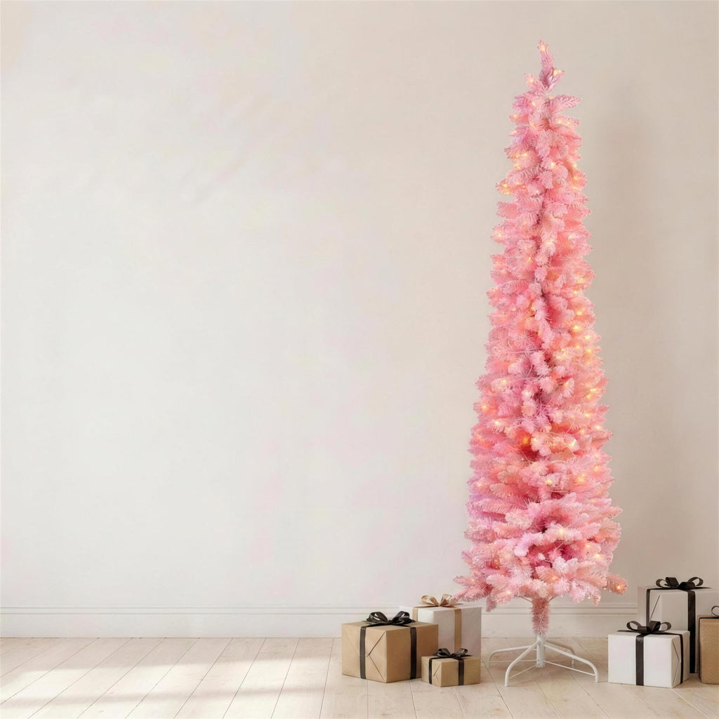 Christabelle 1.8m 6ft Pink Fairy Floss Christmas Tree Pre Lit RGB LED Flocked Slim Artificial Indoor Xmas Decor Home