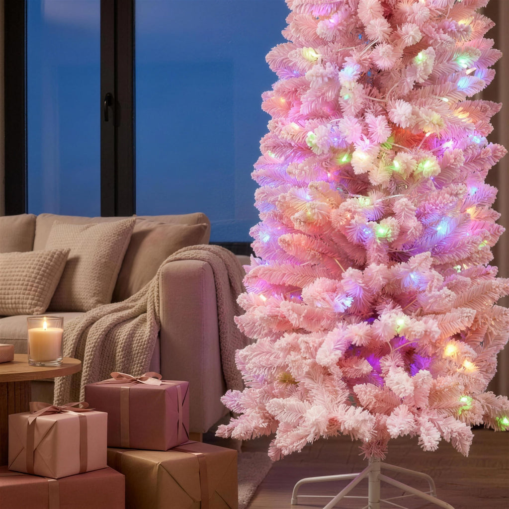 Christabelle 1.8m 6ft Pink Fairy Floss Christmas Tree Pre Lit RGB LED Flocked Slim Artificial Indoor Xmas Decor Home