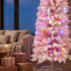 Christabelle 1.8m 6ft Pink Fairy Floss Christmas Tree Pre Lit RGB LED Flocked Slim Artificial Indoor Xmas Decor Home