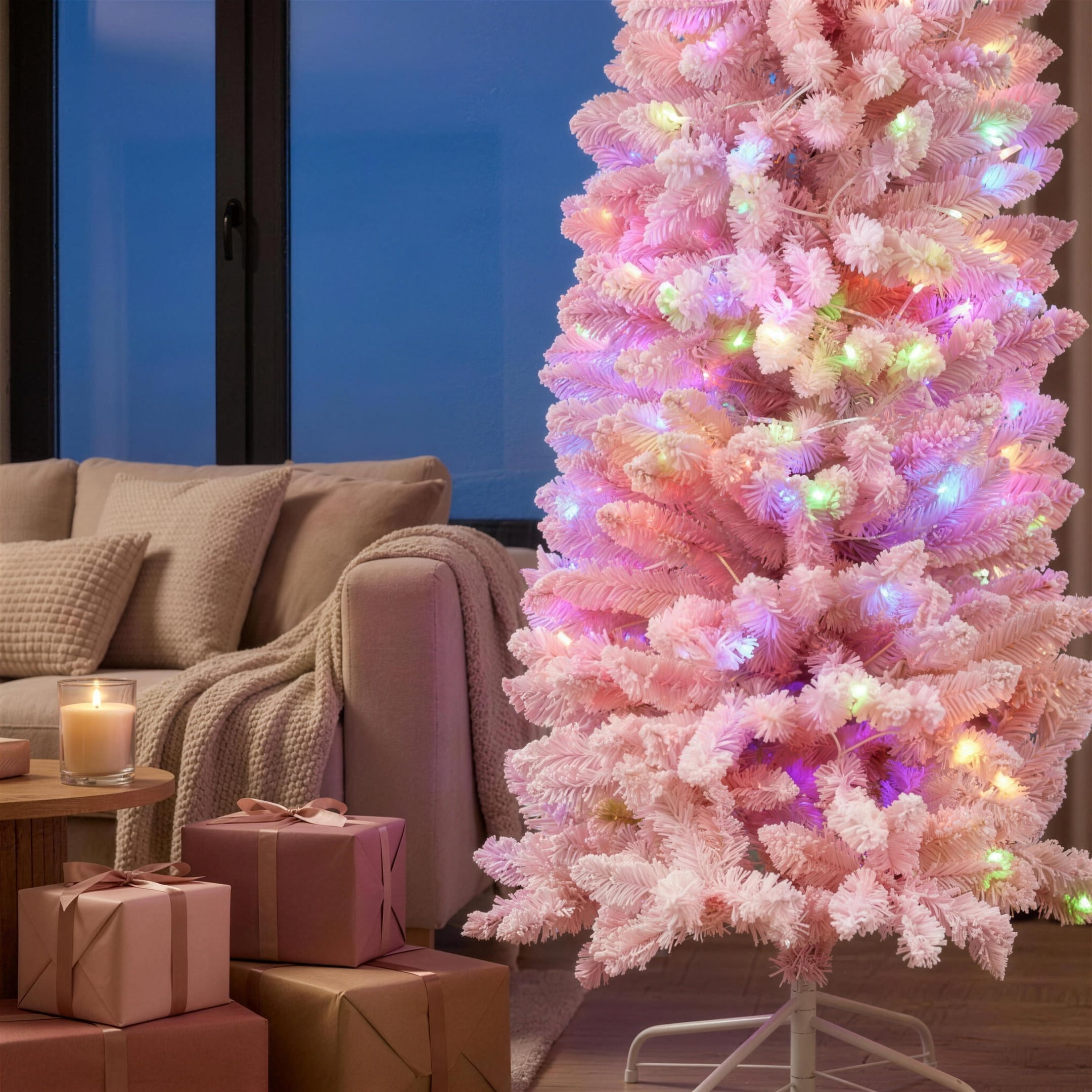 Christabelle 1.8m 6ft Pink Fairy Floss Christmas Tree Pre Lit RGB LED Flocked Slim Artificial Indoor Xmas Decor Home