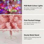 Christabelle 1.8m 6ft Pink Fairy Floss Christmas Tree Pre Lit RGB LED Flocked Slim Artificial Indoor Xmas Decor Home