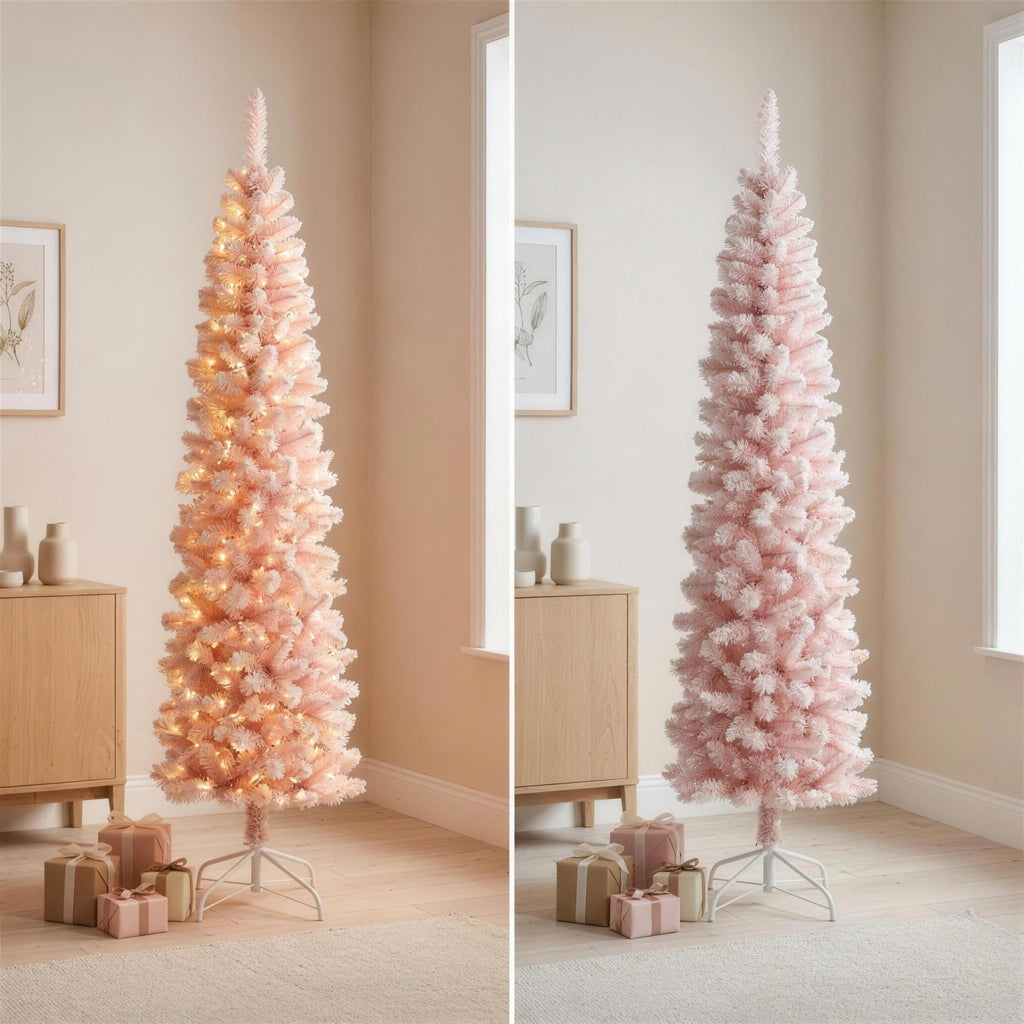 Christabelle 1.8m 6ft Pink Fairy Floss Christmas Tree Pre Lit RGB LED Flocked Slim Artificial Indoor Xmas Decor Home