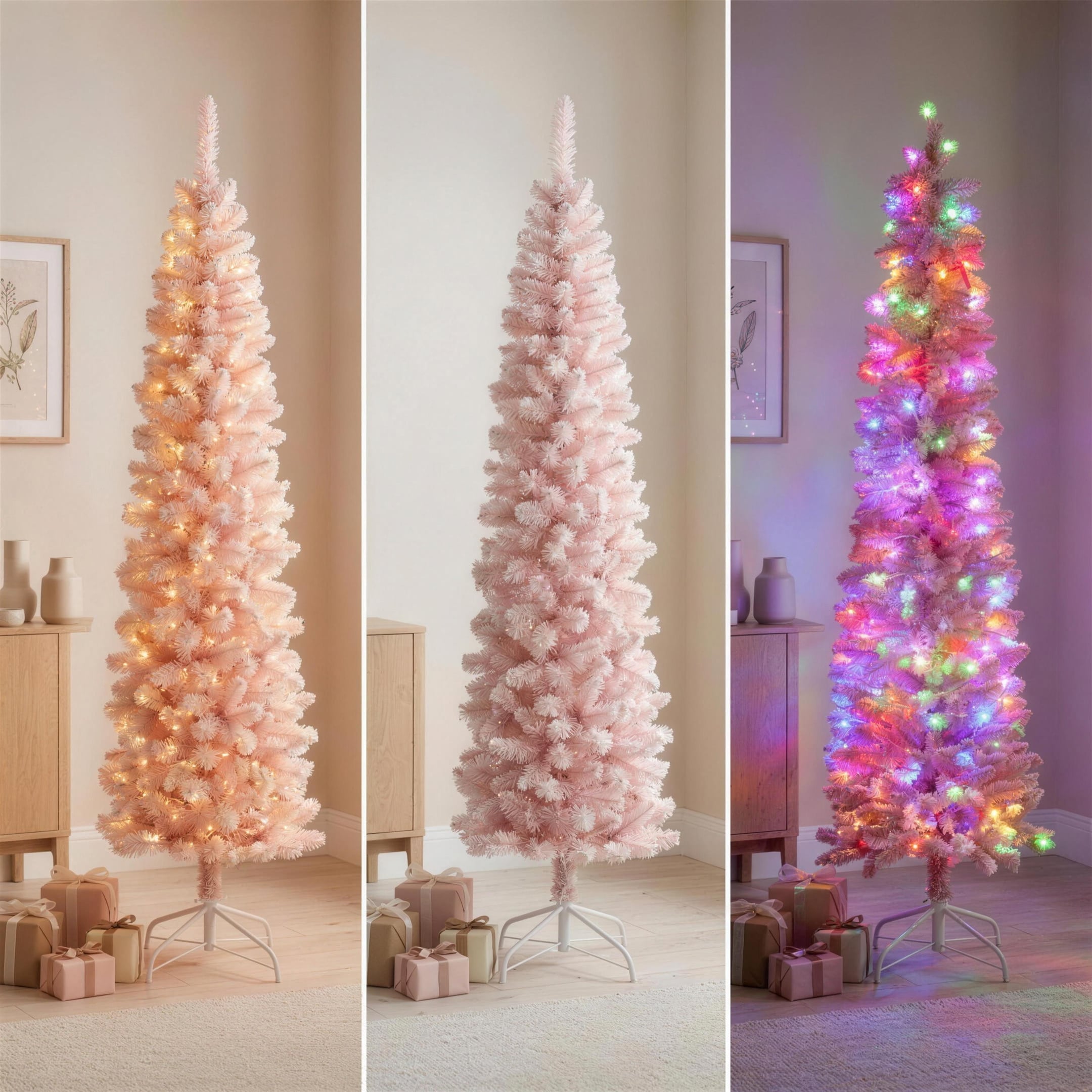 Christabelle 1.8m 6ft Pink Fairy Floss Christmas Tree Pre Lit RGB LED Flocked Slim Artificial Indoor Xmas Decor Home