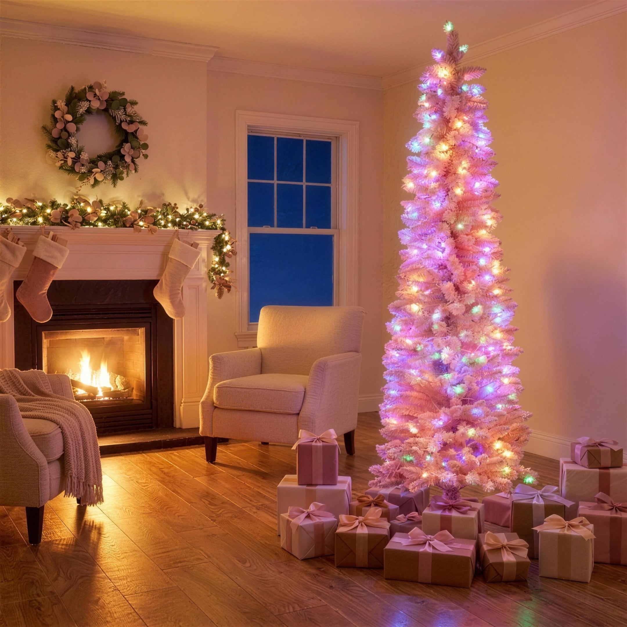 Christabelle 1.8m 6ft Pink Fairy Floss Christmas Tree Pre Lit RGB LED Flocked Slim Artificial Indoor Xmas Decor Home