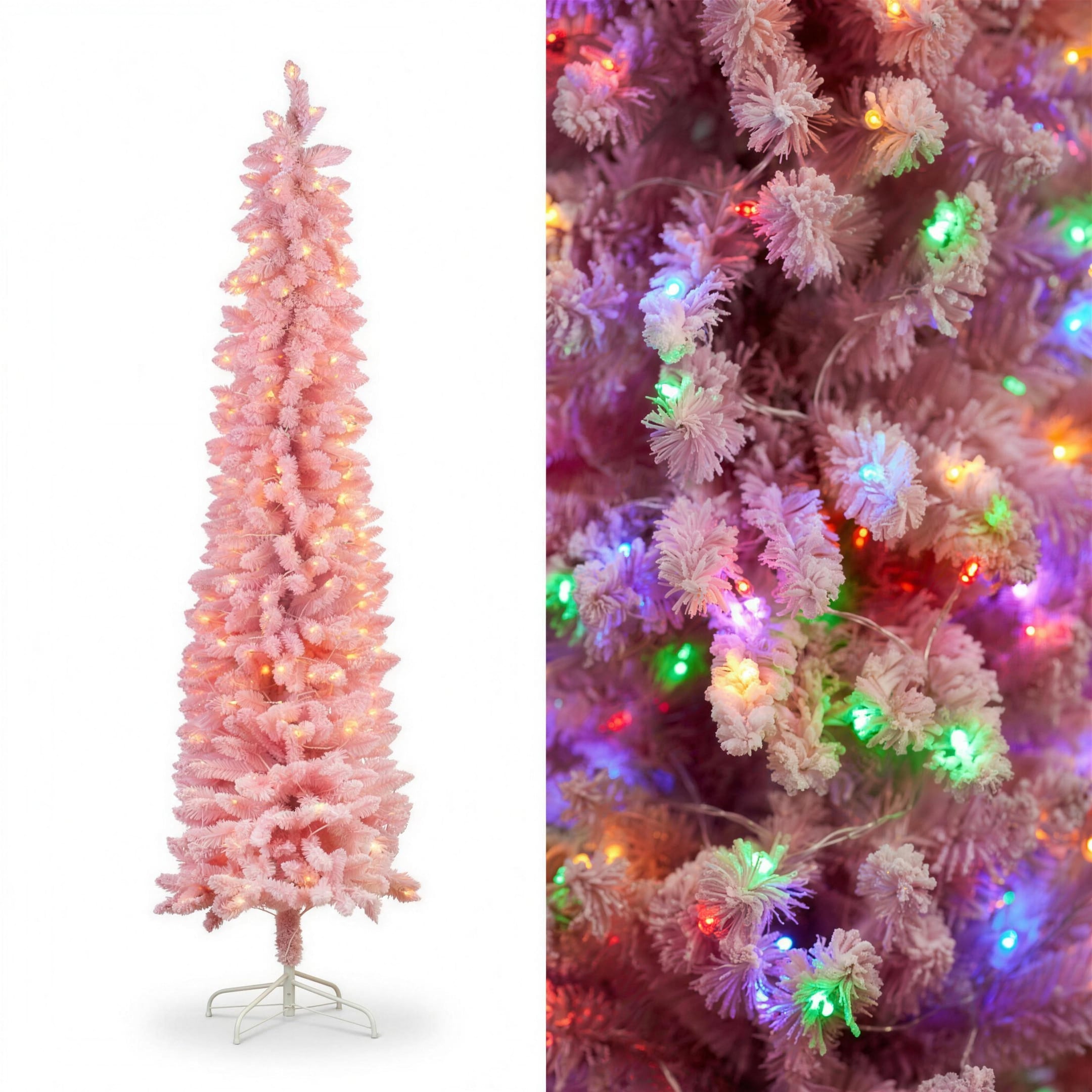 Christabelle 1.8m 6ft Pink Fairy Floss Christmas Tree Pre Lit RGB LED Flocked Slim Artificial Indoor Xmas Decor Home