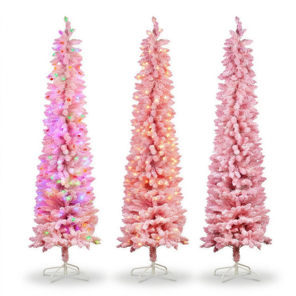 Christabelle 1.8m 6ft Pink Fairy Floss Christmas Tree Pre Lit RGB LED Flocked Slim Artificial Indoor Xmas Decor Home