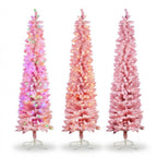 Christabelle 1.8m 6ft Pink Fairy Floss Christmas Tree Pre Lit RGB LED Flocked Slim Artificial Indoor Xmas Decor Home