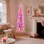 Christabelle 1.8m 6ft Pink Fairy Floss Christmas Tree Pre Lit RGB LED Flocked Slim Artificial Indoor Xmas Decor Home