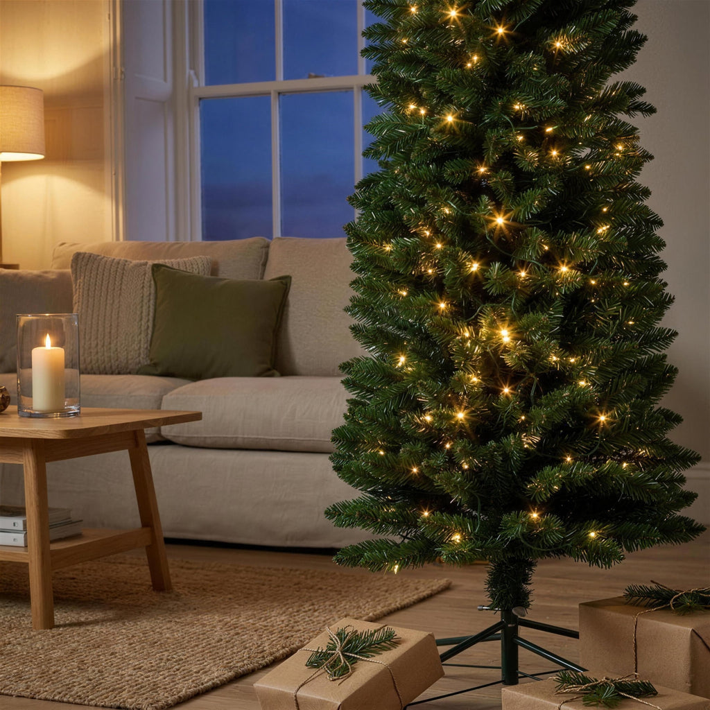 Christabelle 1.8m 6ft Pencil Pine Christmas Tree Pre Lit Multi Function LED Slim Artificial Indoor Xmas Decor Home