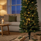 Christabelle 1.8m 6ft Pencil Pine Christmas Tree Pre Lit Multi Function LED Slim Artificial Indoor Xmas Decor Home