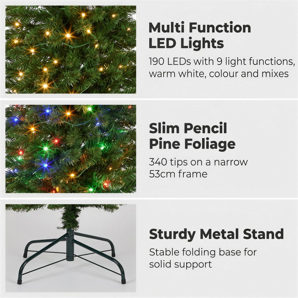 Christabelle 1.8m 6ft Pencil Pine Christmas Tree Pre Lit Multi Function LED Slim Artificial Indoor Xmas Decor Home