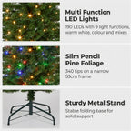 Christabelle 1.8m 6ft Pencil Pine Christmas Tree Pre Lit Multi Function LED Slim Artificial Indoor Xmas Decor Home