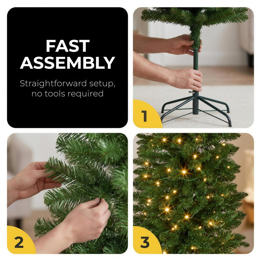 Christabelle 1.8m 6ft Pencil Pine Christmas Tree Pre Lit Multi Function LED Slim Artificial Indoor Xmas Decor Home