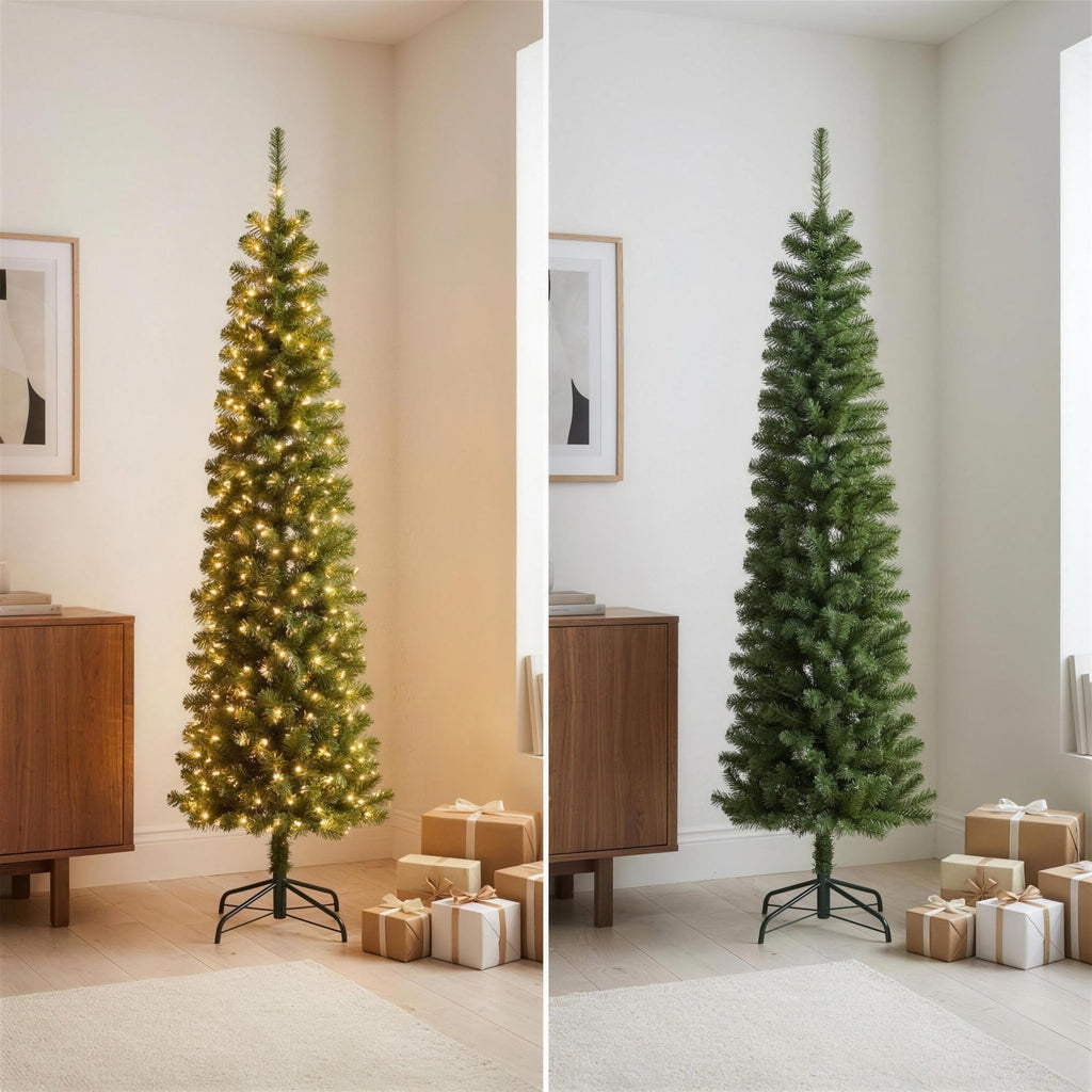 Christabelle 1.8m 6ft Pencil Pine Christmas Tree Pre Lit Multi Function LED Slim Artificial Indoor Xmas Decor Home