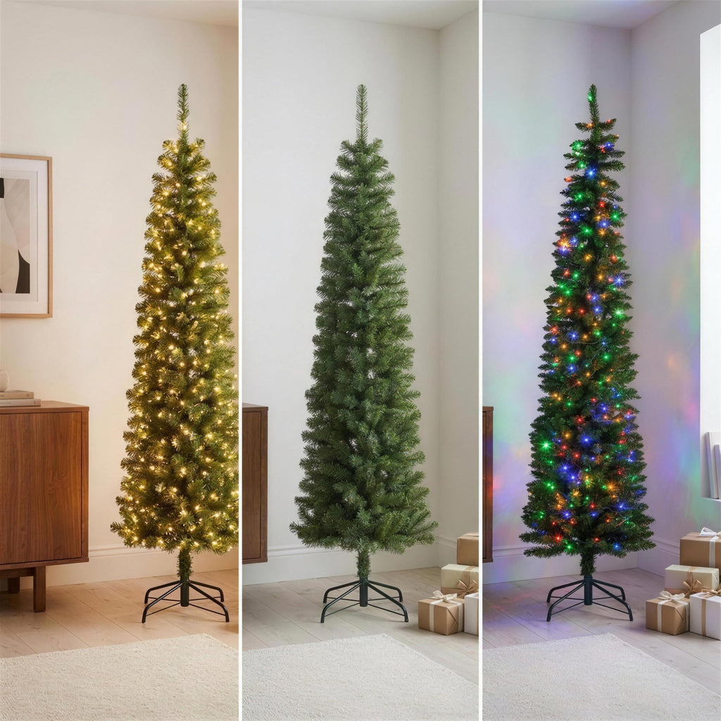 Christabelle 1.8m 6ft Pencil Pine Christmas Tree Pre Lit Multi Function LED Slim Artificial Indoor Xmas Decor Home