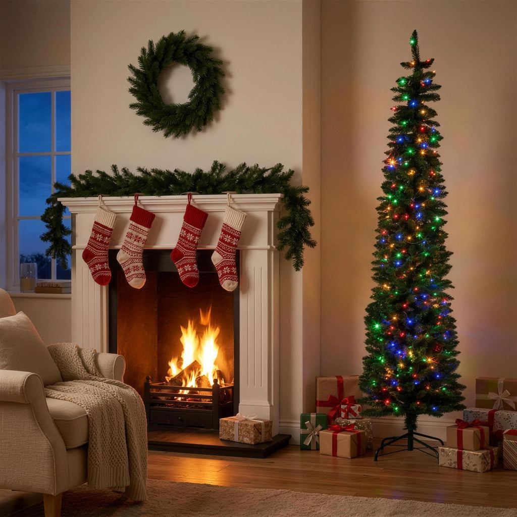 Christabelle 1.8m 6ft Pencil Pine Christmas Tree Pre Lit Multi Function LED Slim Artificial Indoor Xmas Decor Home