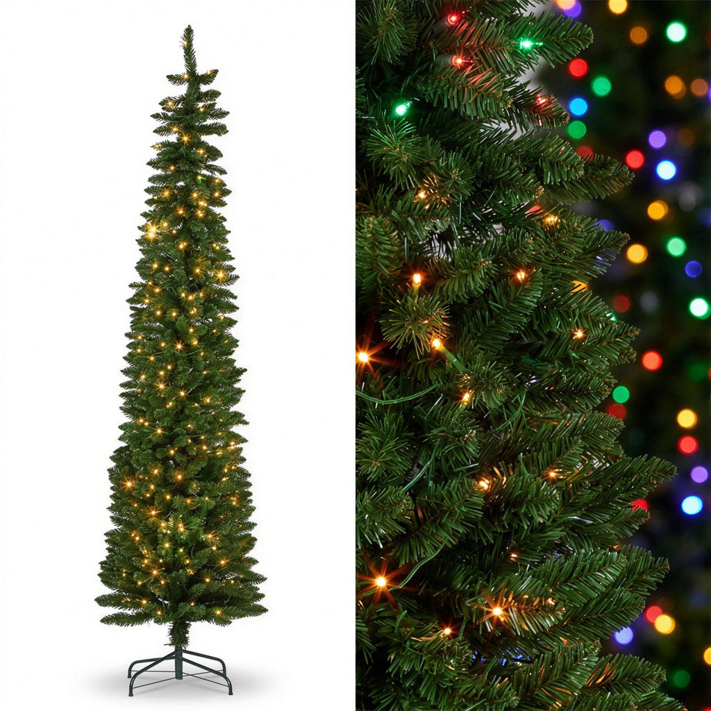 Christabelle 1.8m 6ft Pencil Pine Christmas Tree Pre Lit Multi Function LED Slim Artificial Indoor Xmas Decor Home