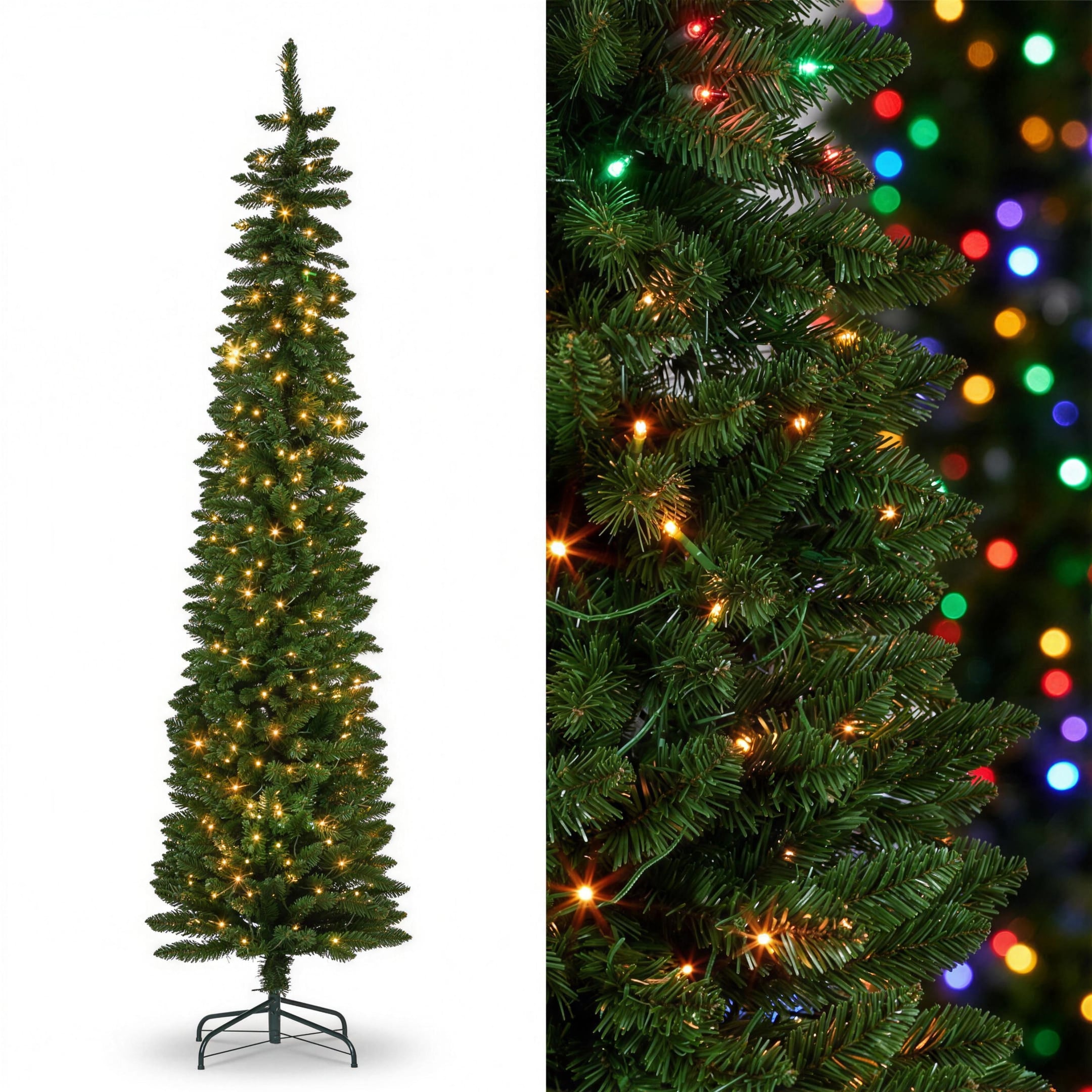 Christabelle 1.8m 6ft Pencil Pine Christmas Tree Pre Lit Multi Function LED Slim Artificial Indoor Xmas Decor Home