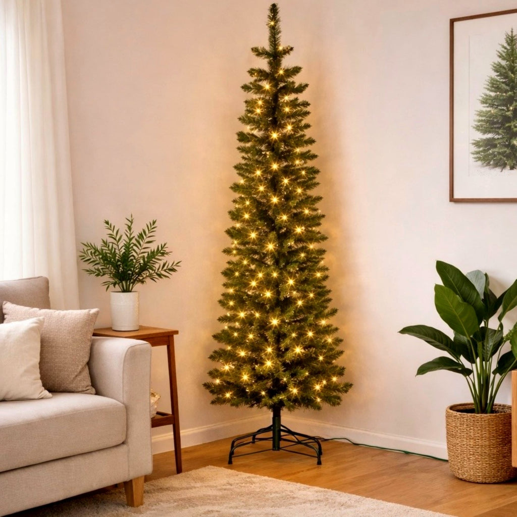 Christabelle 1.8m 6ft Pencil Pine Christmas Tree Pre Lit Multi Function LED Slim Artificial Indoor Xmas Decor Home