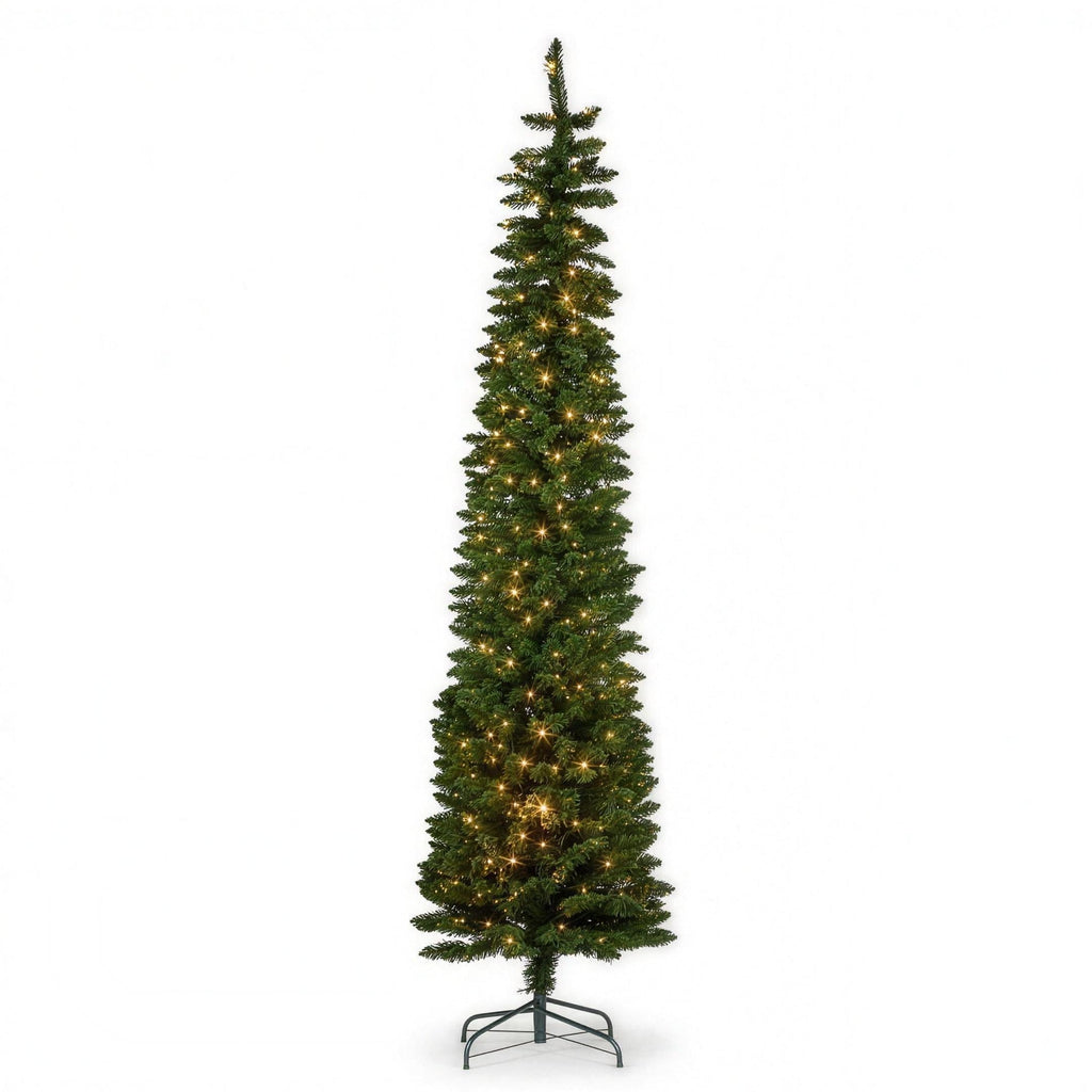 Christabelle 2.3m 7.5ft Pencil Pine Christmas Tree Pre Lit Multi Function LED Slim Artificial Indoor Xmas Decor Home