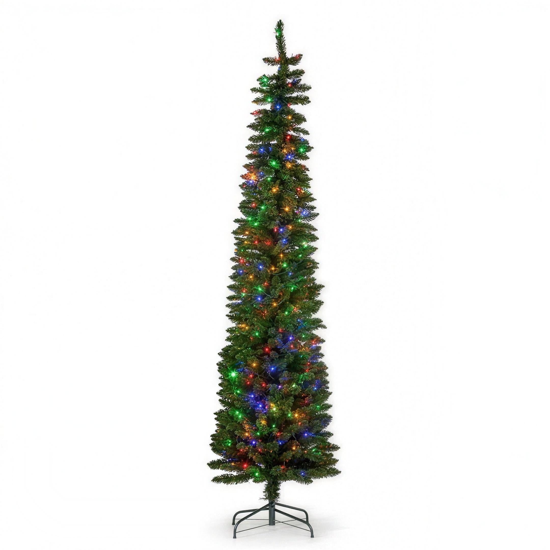 Christabelle 2.3m 7.5ft Pencil Pine Christmas Tree Pre Lit Multi Function LED Slim Artificial Indoor Xmas Decor Home