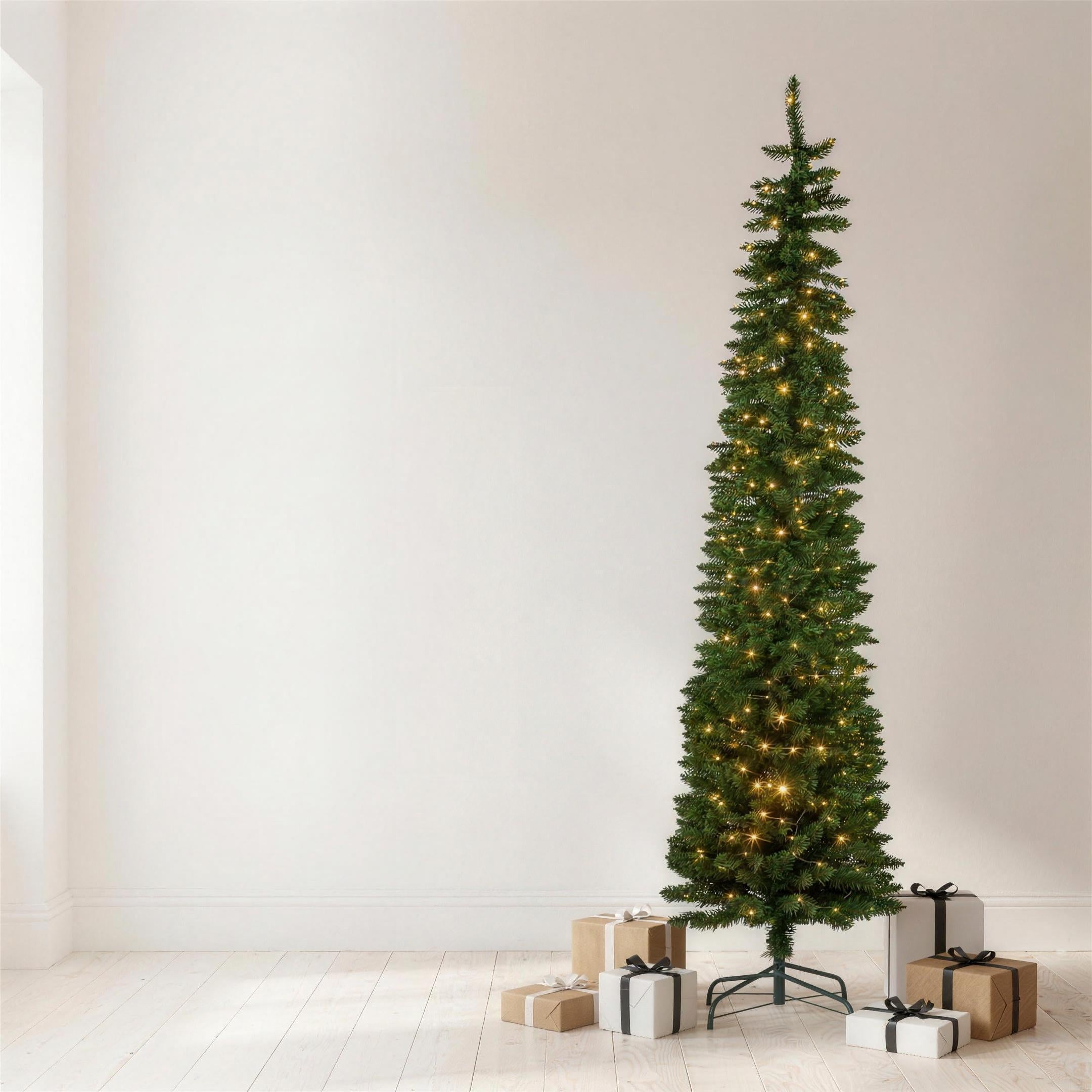 Christabelle 2.3m 7.5ft Pencil Pine Christmas Tree Pre Lit Multi Function LED Slim Artificial Indoor Xmas Decor Home