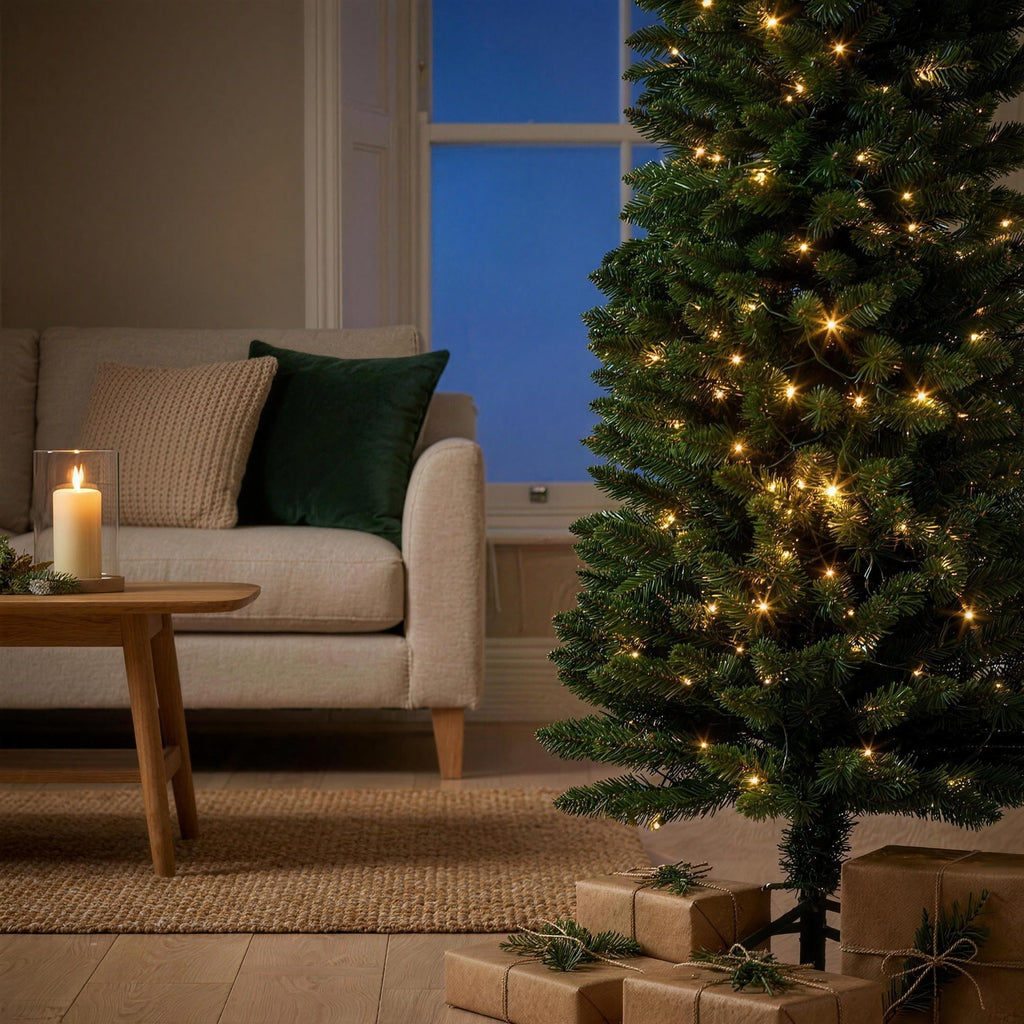 Christabelle 2.3m 7.5ft Pencil Pine Christmas Tree Pre Lit Multi Function LED Slim Artificial Indoor Xmas Decor Home