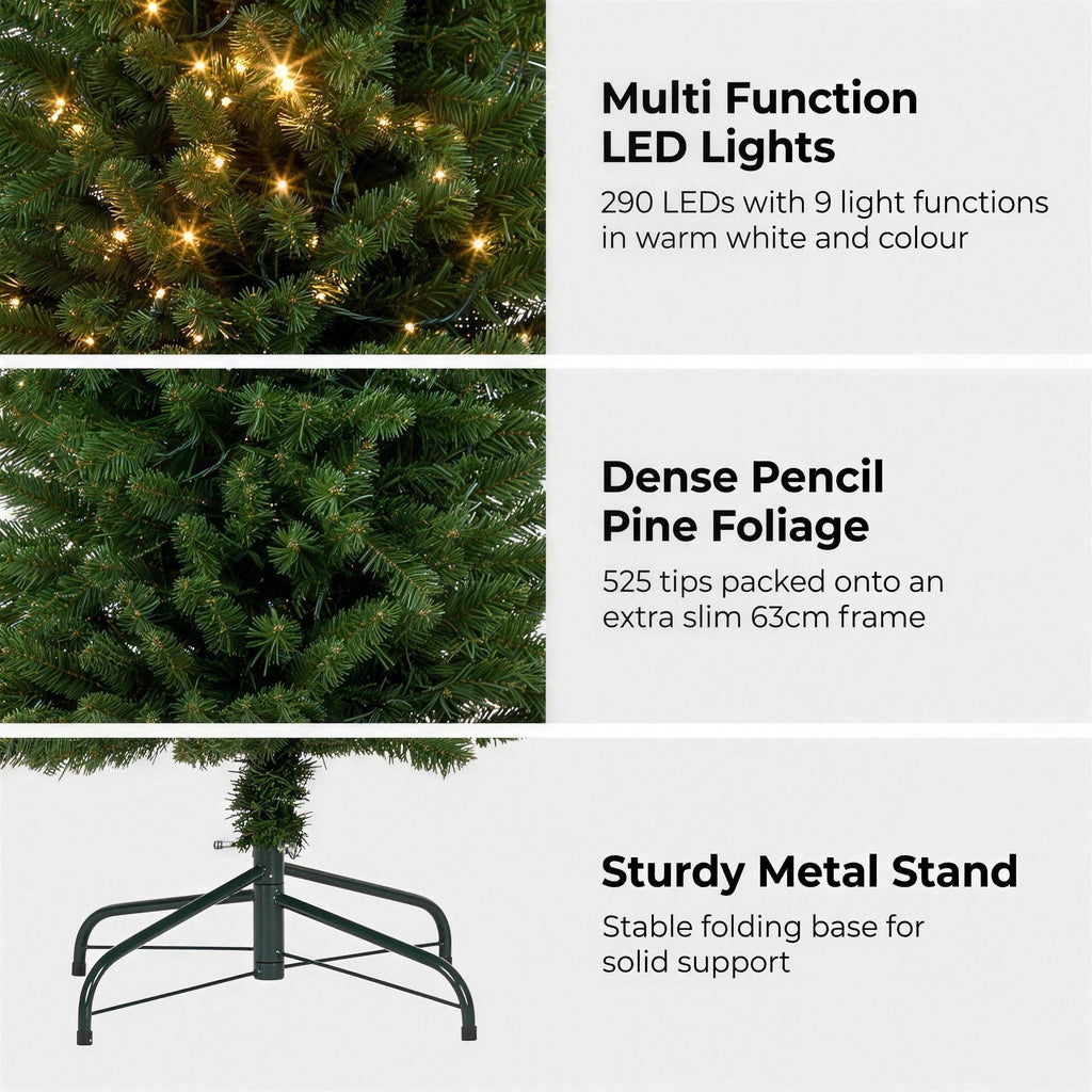 Christabelle 2.3m 7.5ft Pencil Pine Christmas Tree Pre Lit Multi Function LED Slim Artificial Indoor Xmas Decor Home