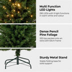 Christabelle 2.3m 7.5ft Pencil Pine Christmas Tree Pre Lit Multi Function LED Slim Artificial Indoor Xmas Decor Home