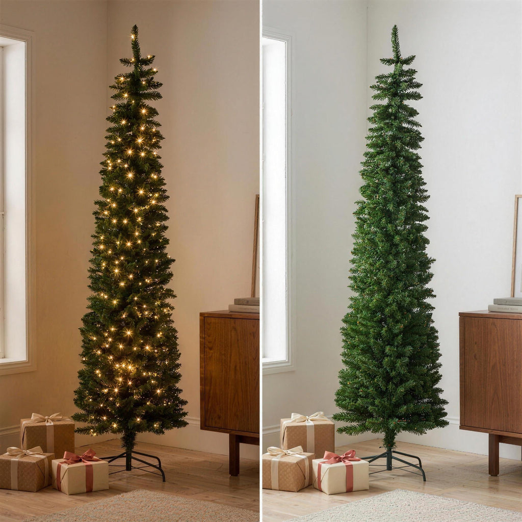 Christabelle 2.3m 7.5ft Pencil Pine Christmas Tree Pre Lit Multi Function LED Slim Artificial Indoor Xmas Decor Home