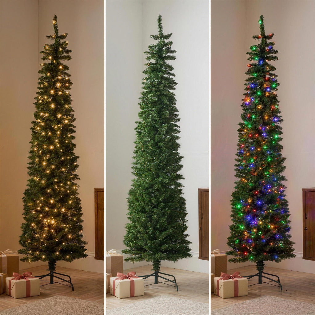 Christabelle 2.3m 7.5ft Pencil Pine Christmas Tree Pre Lit Multi Function LED Slim Artificial Indoor Xmas Decor Home