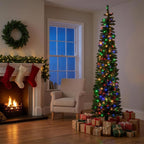 Christabelle 2.3m 7.5ft Pencil Pine Christmas Tree Pre Lit Multi Function LED Slim Artificial Indoor Xmas Decor Home