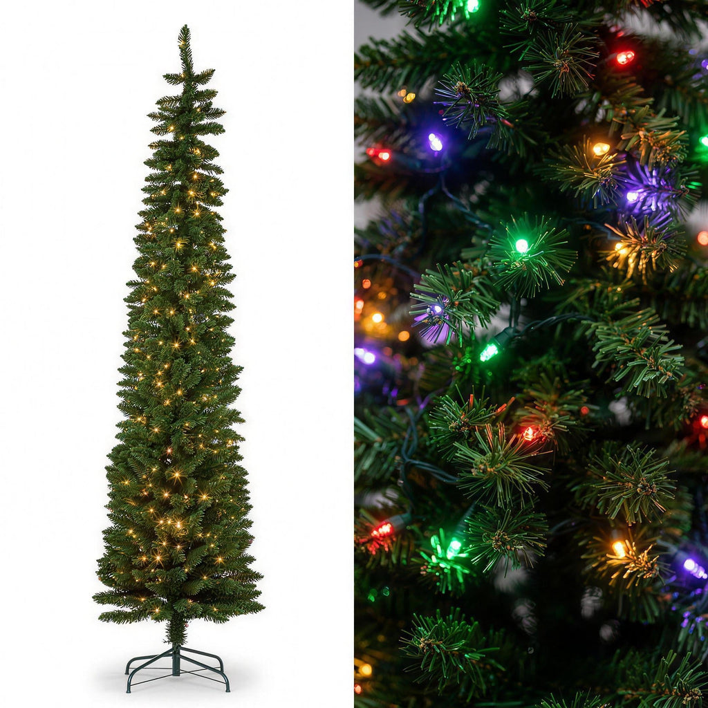 Christabelle 2.3m 7.5ft Pencil Pine Christmas Tree Pre Lit Multi Function LED Slim Artificial Indoor Xmas Decor Home