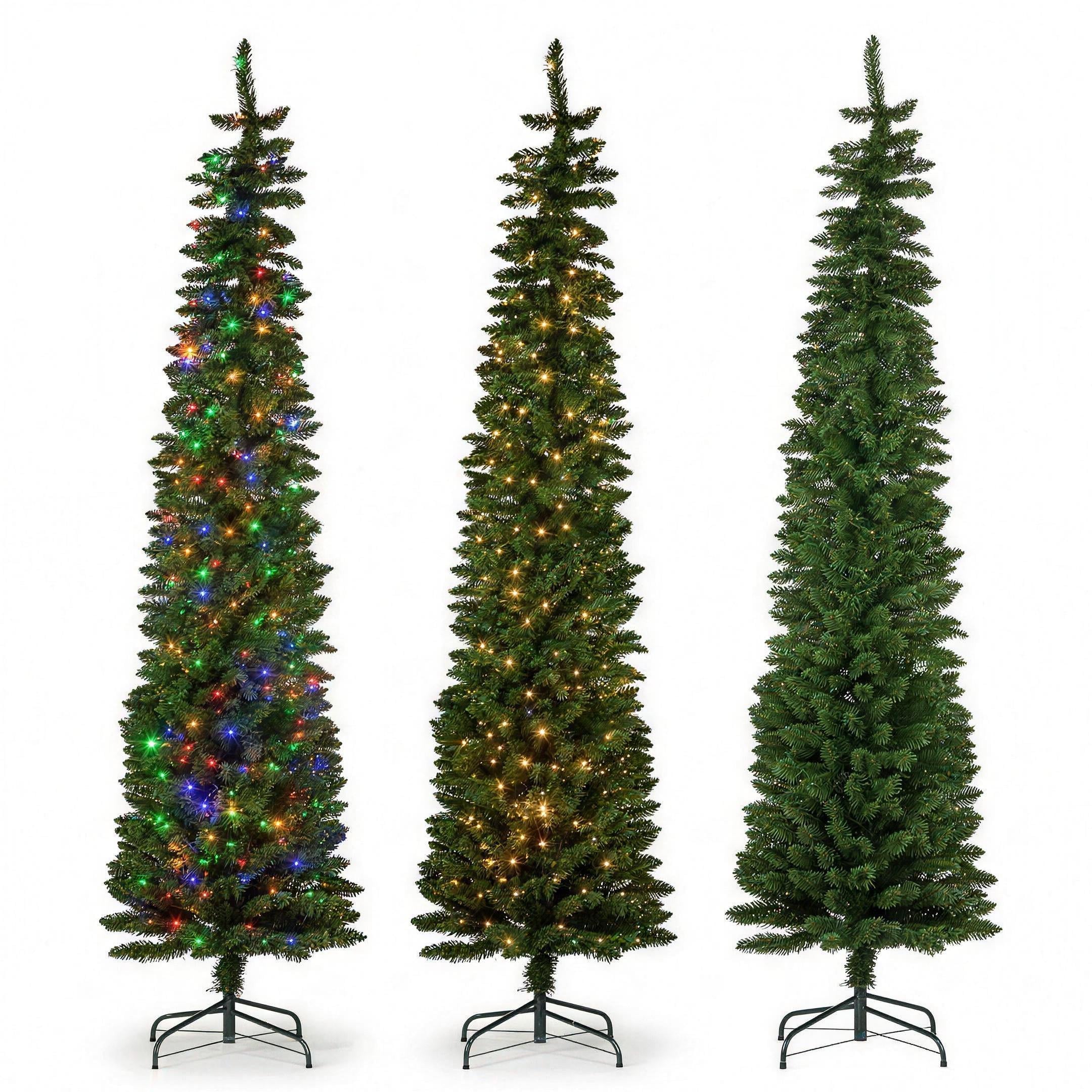 Christabelle 2.3m 7.5ft Pencil Pine Christmas Tree Pre Lit Multi Function LED Slim Artificial Indoor Xmas Decor Home