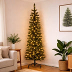 Christabelle 2.3m 7.5ft Pencil Pine Christmas Tree Pre Lit Multi Function LED Slim Artificial Indoor Xmas Decor Home