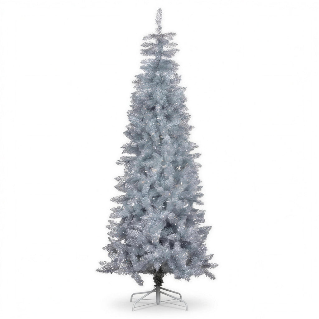 Christabelle 2.1m 7ft Silver Tinsel Christmas Tree Pre Lit Warm White LED Retro Artificial Indoor Xmas Decor Home