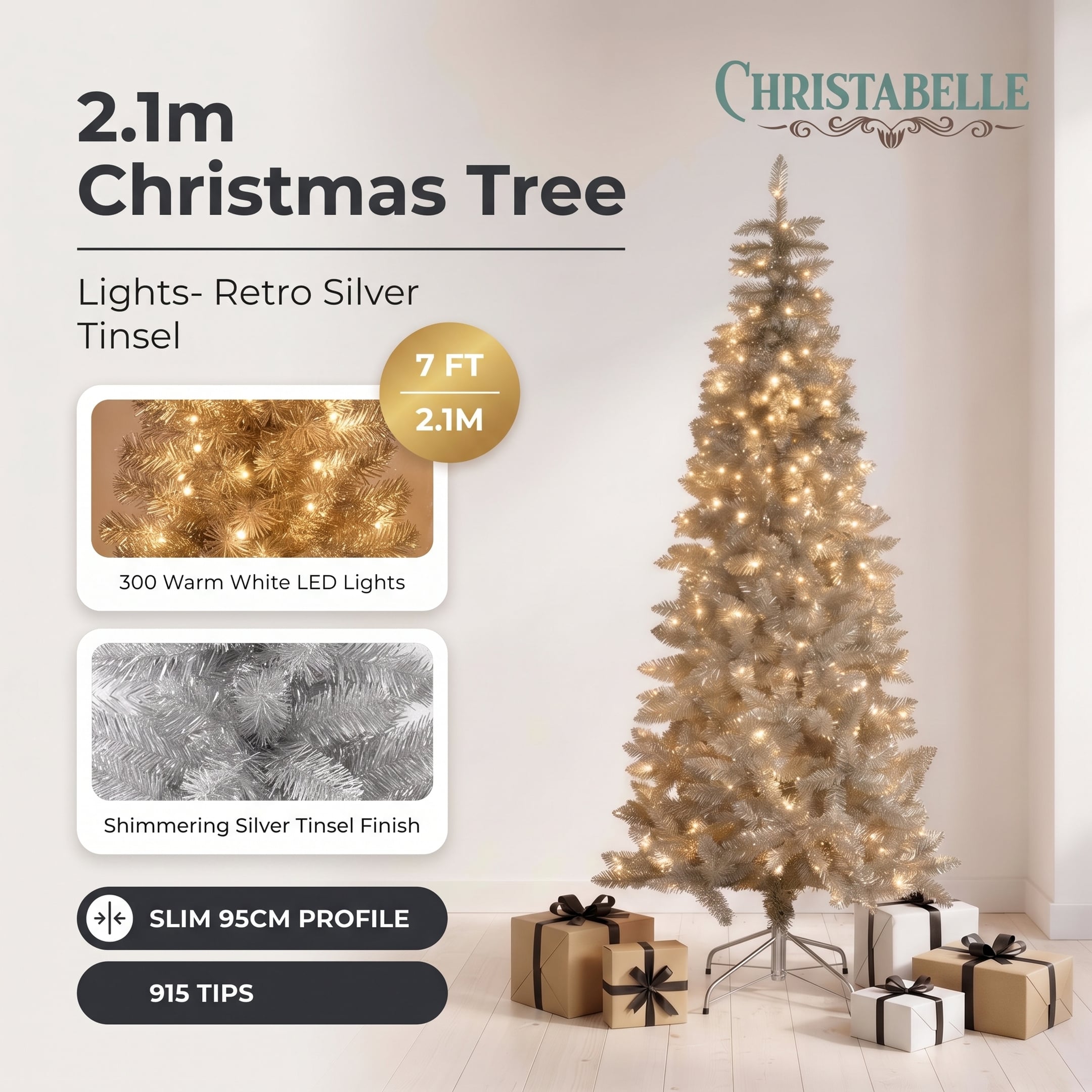 Christabelle 2.1m 7ft Silver Tinsel Christmas Tree Pre Lit Warm White LED Retro Artificial Indoor Xmas Decor Home