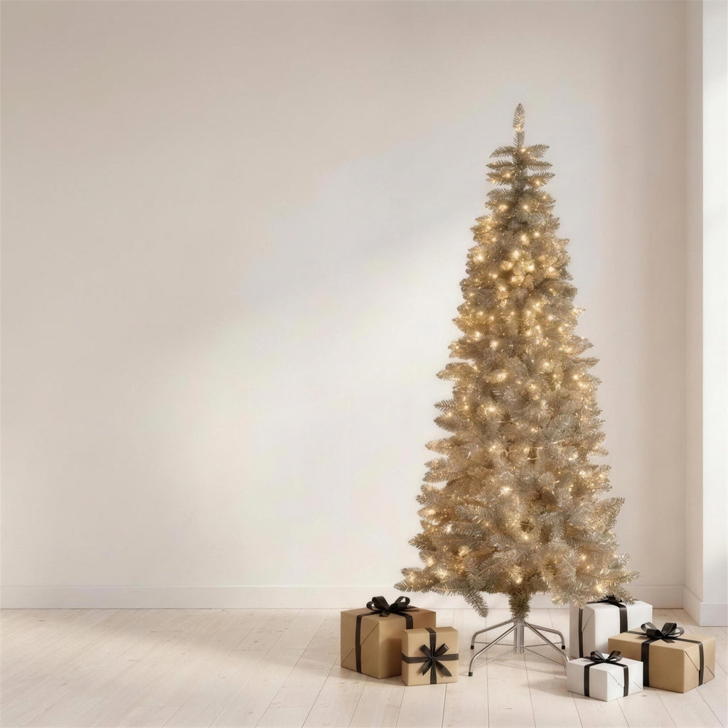Christabelle 2.1m 7ft Silver Tinsel Christmas Tree Pre Lit Warm White LED Retro Artificial Indoor Xmas Decor Home