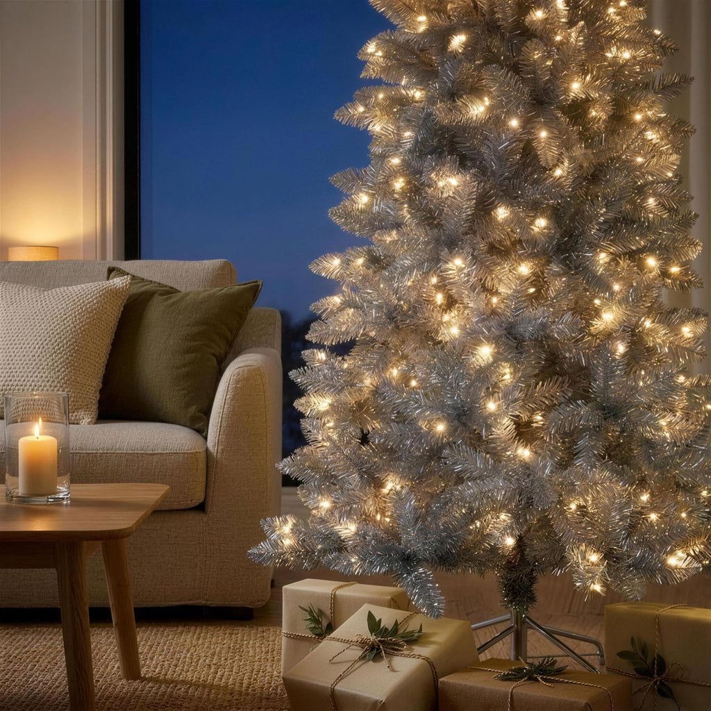 Christabelle 2.1m 7ft Silver Tinsel Christmas Tree Pre Lit Warm White LED Retro Artificial Indoor Xmas Decor Home