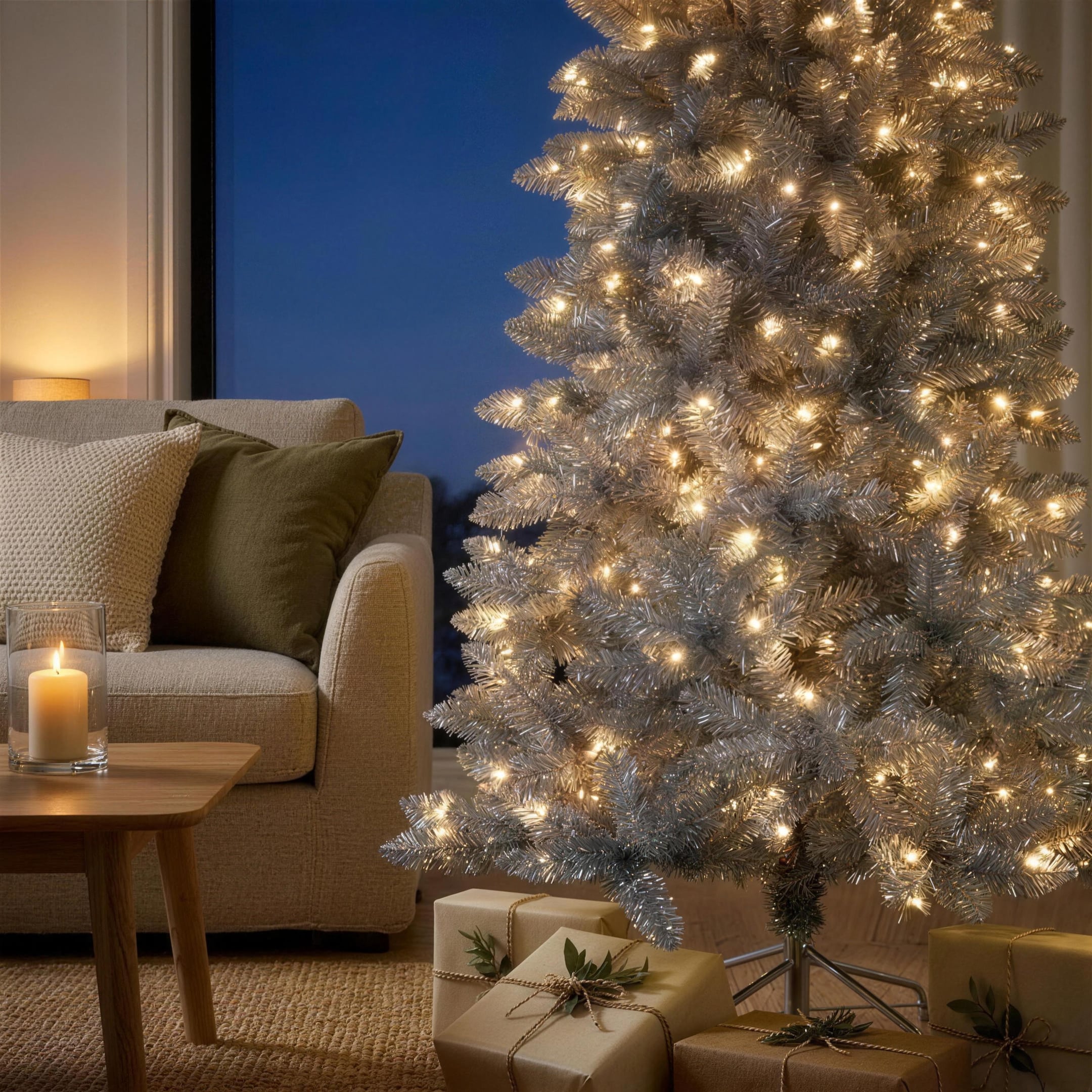 Christabelle 2.1m 7ft Silver Tinsel Christmas Tree Pre Lit Warm White LED Retro Artificial Indoor Xmas Decor Home