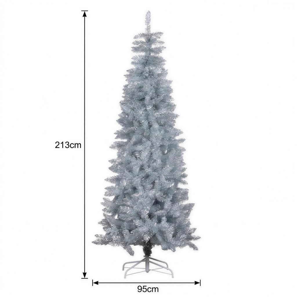 Christabelle 2.1m 7ft Silver Tinsel Christmas Tree Pre Lit Warm White LED Retro Artificial Indoor Xmas Decor Home